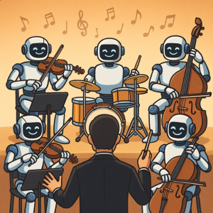 Ein Dirigent leitet ein Roboter-Orchester und symbolisiert die strategische Führung von KI im Mittelstand.